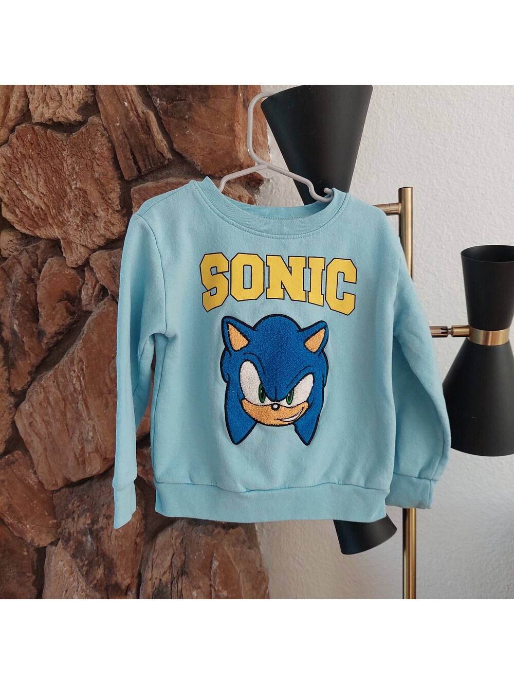 Light Blue Sonic The Hedgehog Kids Sweatshirt with Fuzzy Graphic and Yellow Text
